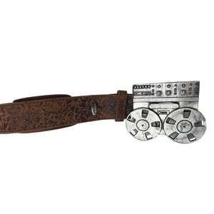 Tulliani‎ Brown Leather Belt Mobtown 2005 Reel-to-Reel Tape Deck Buckle USA Made